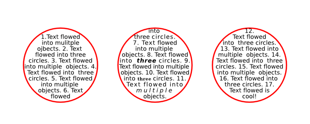 Text flowed into three circle objects.