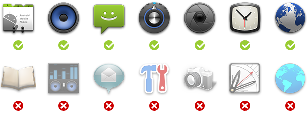 Side-by-side examples
of good/bad icon design.