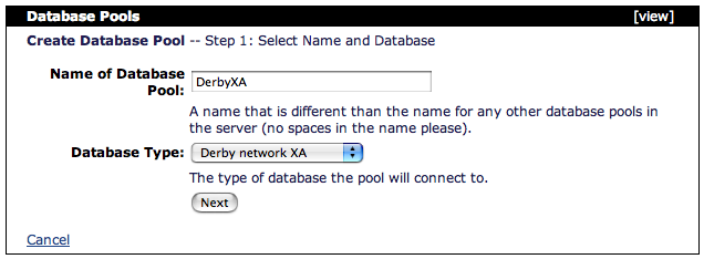 Console: Database Pool -- Select XA Database