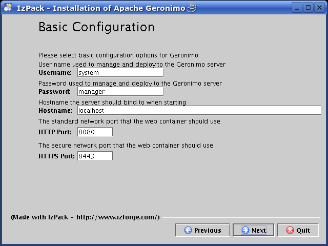 Geronimo Installer: Main Configuration