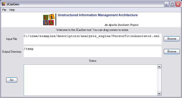 JCasGen tool showing fields for input arguments