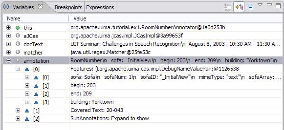 Screenshot of Eclipse debugger showing logical structure display of an annotation