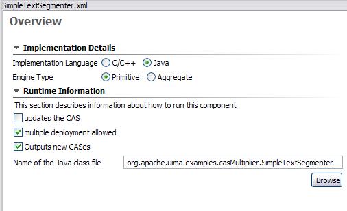 Screen shot of Component Descriptor Editor on Overview showing checking of "Outputs new CASes" box