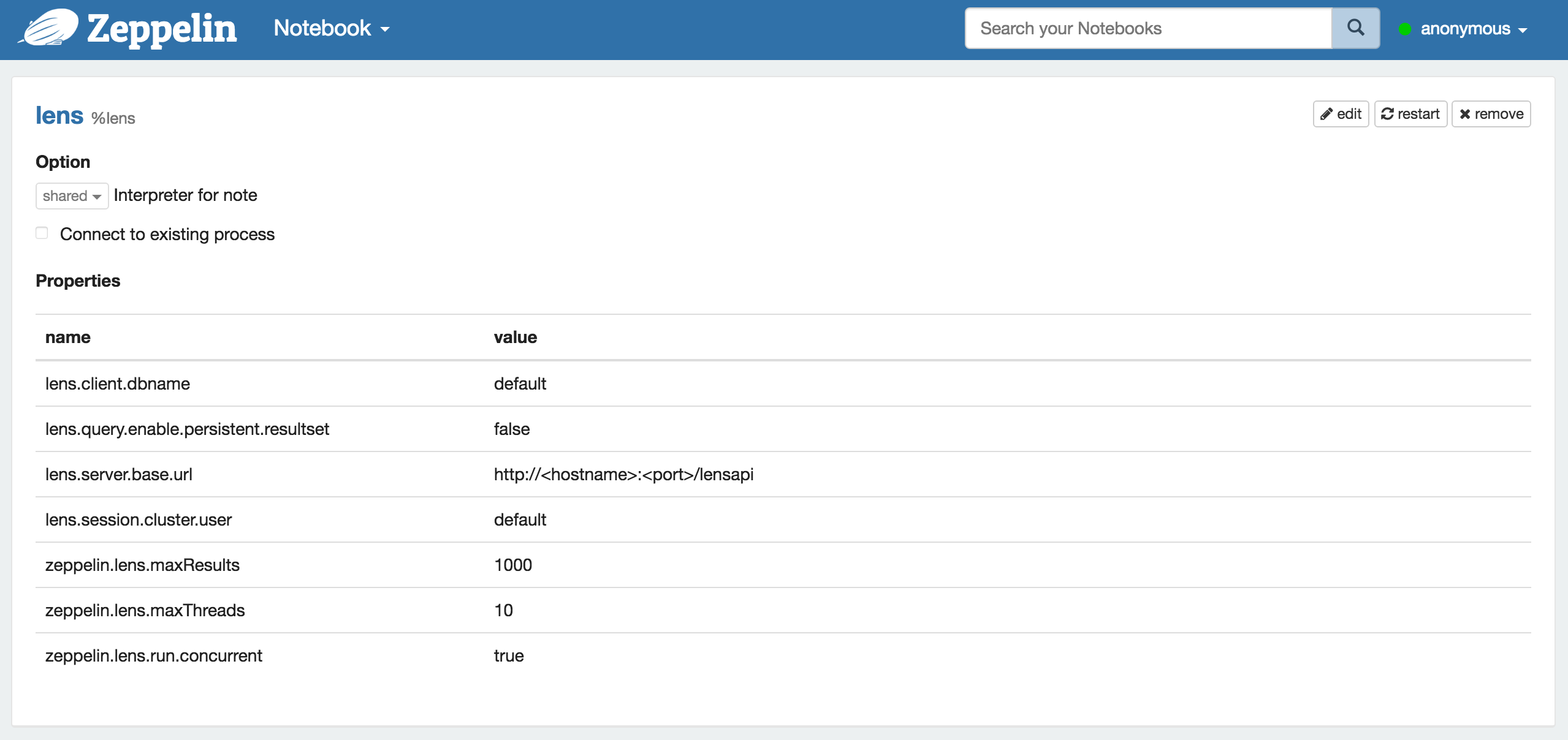 Apache Lens Interpreter Setting