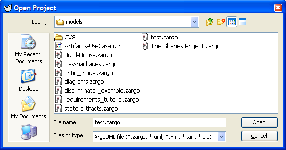 The file selection dialog for Open Project....
