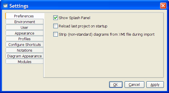 The dialog for Settings - Preferences.