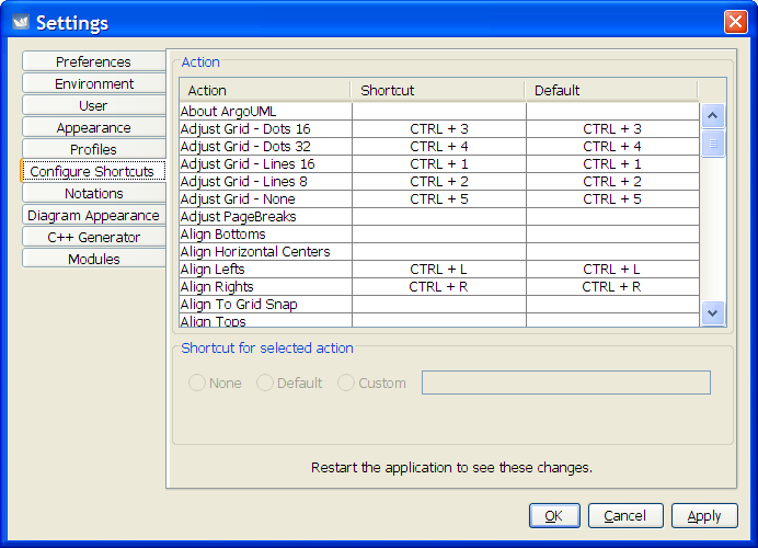 The dialog for Settings - Configure Shortcuts.