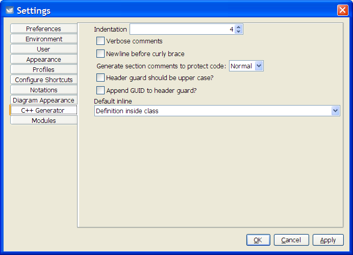 The dialog for Settings - C++.