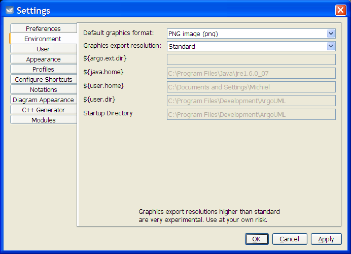 The dialog for Settings - Environment.