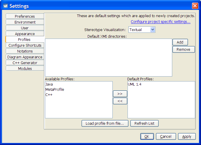 The dialog for Settings - Profiles.