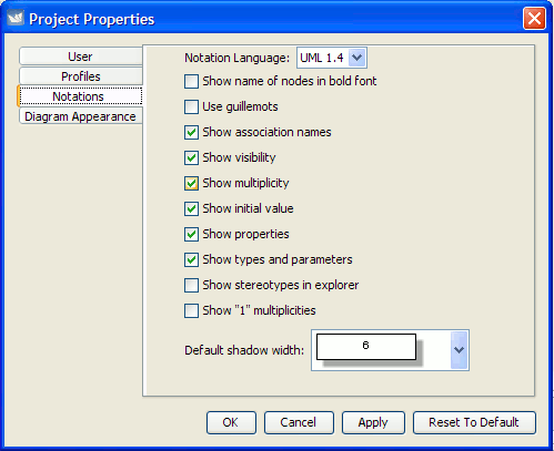 The dialog for Project Properties - the Notations tab.