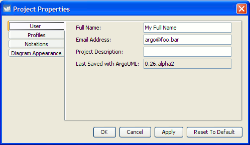 The dialog for Project Properties - the User tab.
