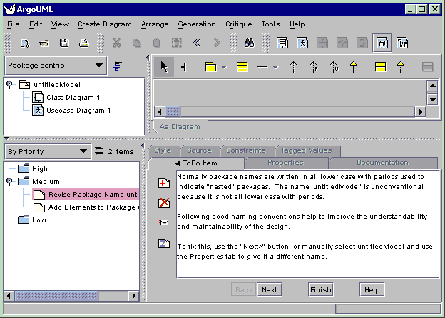 ArgoUML Window Showing the Critic Item Revise Package Name UntitledModel