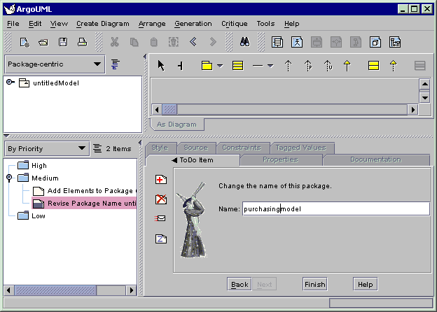 ArgoUML Window Showing the Critic Wizard to Rename the Package