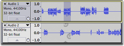 Audio has been pasted into the top track moving the following audio to the right; silence has been inserted in the lower track corresponding to the length and position of the pasted region.