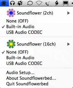 The Soundflowerbed menu, showing monitoring Line Output