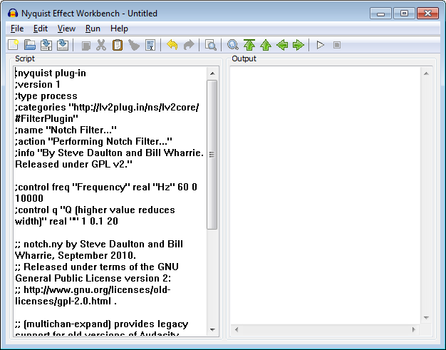 Nyquist Workbench with notch.ny plug-in loaded in Script window.