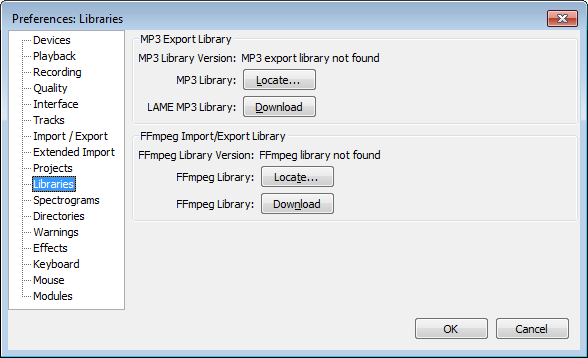 FFmpeg Locate... and Download... buttons