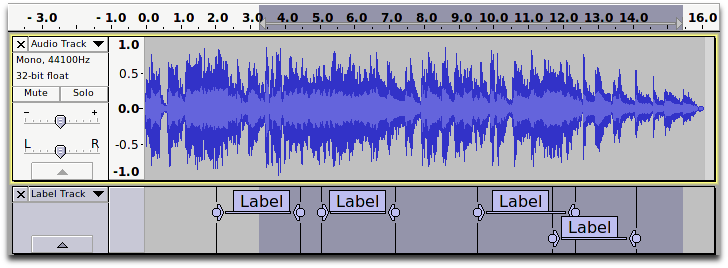 Selection in a label track extending or partially extending over  labeled audio regions