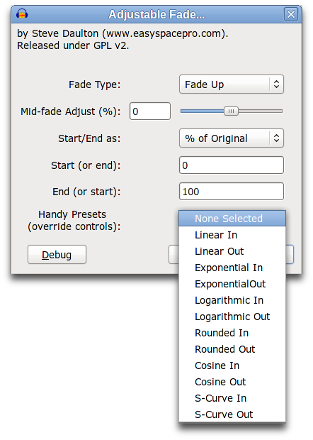 Adjustable Fade showing drop-down to select preset fade curve shapes (Linux image)