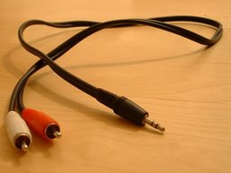 Photo of a dual-RCA to stereo mini-plug cable.