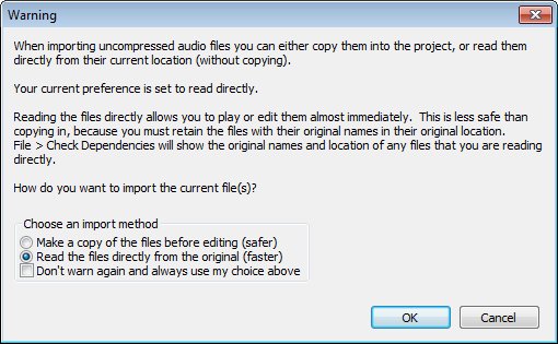 Warning for importing uncompressed audio files set to "read directly"