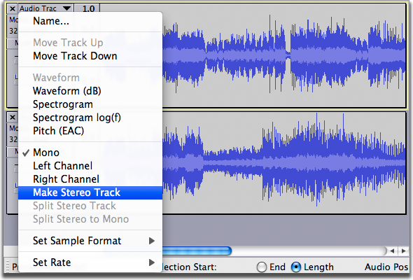 Two mono tracks about to become one stereo track, with track drop-down menu pulled down to show option