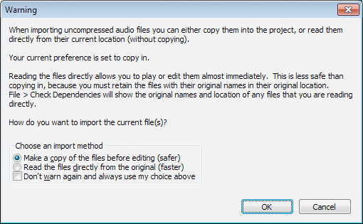Warning Importing Uncompressed Audio dialog