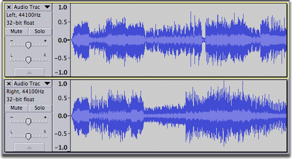 Stereo track after splitting into left and right tracks