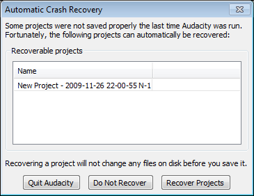 Automatic Crash Recovery dialog box