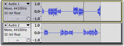 The two sync-locked tracks from the previous image, after the cut operation, showing that audio was removed from both tracks, keeping them synchronized.