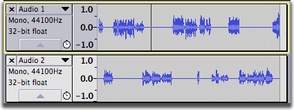 Two sync-locked tracks with no audio selected; the cursor is in the top track which is selected and ready to have audio pasted in.