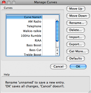 Manage Curves dialog, running on Mac OS X