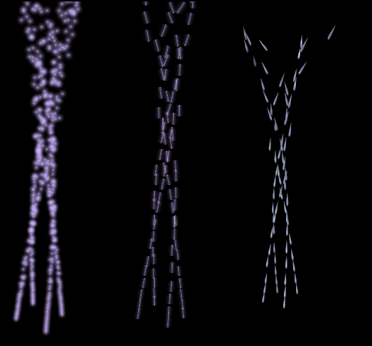 Normal particles, left; Vector particles, centre; and DupliVerted objects following the particles, right.