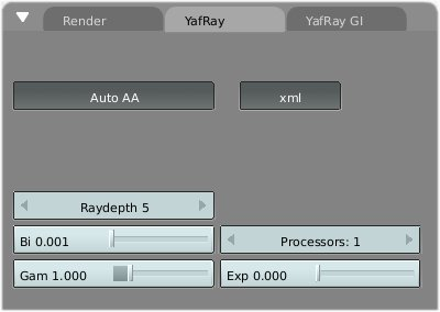 Default Yafray tab with Yafray file export enabled (XML button).