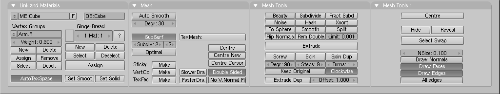 The vertex groups buttons in the Edit Buttons window of a mesh.