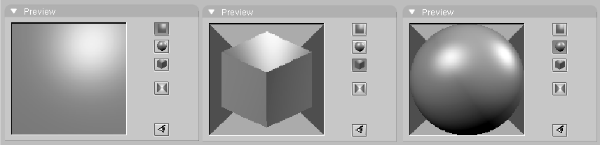 Material Preview, plane (left) sphere (middle) and cube (right).