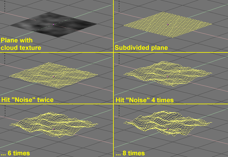 Noise application process. From top left to bottom right: Plane with texture, sub-divided plane, "Noise" button hit 2, 4, 6 and 8 times.