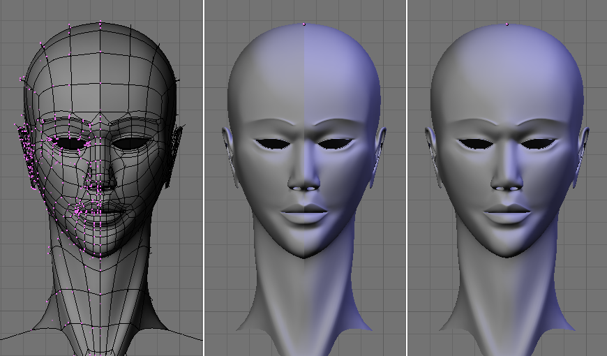 A head. Left: EditMode; Center: ObjectMode; Right: Joined.