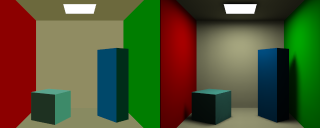 Radiosity rendering for coarse meshes (left) and fine meshes (right).