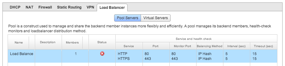 vShield Edge Load Balancer Pool Configured