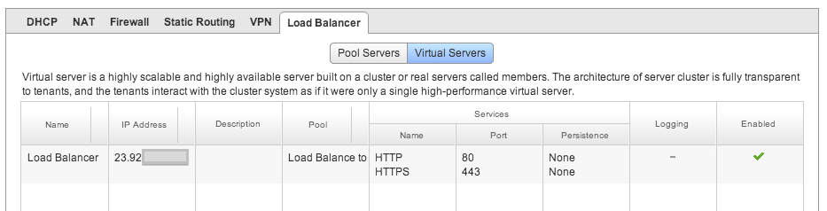vShield Edge Load Balancer Virtual Server Configured