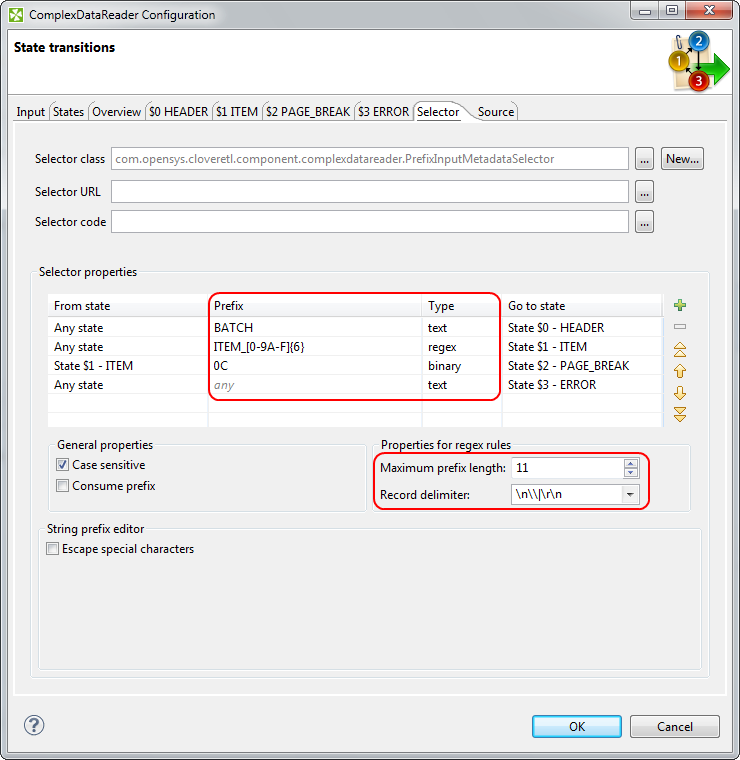 Configuring prefix selector in ComplexDataReader. Rules are defined in the Selector properties pane. Notice the two extra attributes for regular expressions.