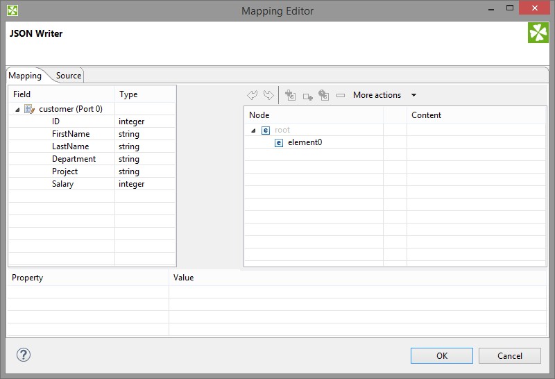 Mapping editor in JSONWriter after first open. Metadata on the input edge(s) are displayed on the left hand side. The right hand pane is where you design the desired JSON tree. Mapping is then performed by dragging metadata from left to right (and performing additional tasks described below).