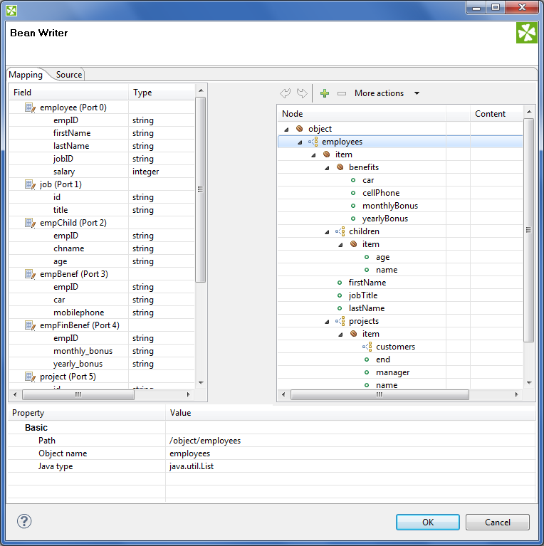 Mapping editor in JavaBeanWriter after first open. Metadata on the input edge(s) are displayed on the left hand side. The right hand pane is where you design the desired output tree - it is pre-defined by your bean's structure (note: in the example, the bean contains employees and projects they are working on). Mapping is then performed by dragging metadata from left to right (and performing additional tasks described below).