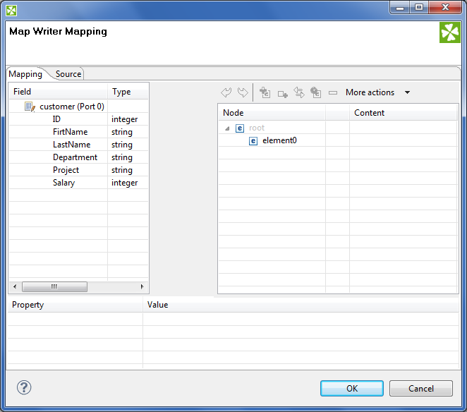 Mapping editor in JavaMapWriter after first open. Metadata on the input edge(s) are displayed on the left hand side. The right hand pane is where you design the desired output tree. Mapping is then performed by dragging metadata from left to right (and performing additional tasks described below).