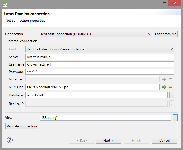 Specifying Lotus Notes connection for metadata extraction