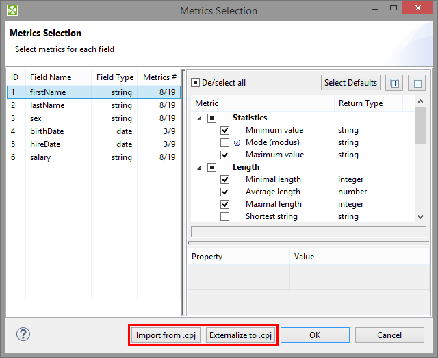 Import/Externalize metrics buttons