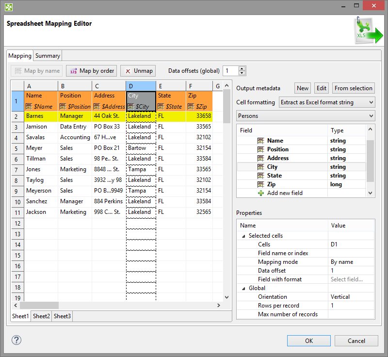 Basic Mapping – notice leading cells and dashed borders marking the area data will be taken from