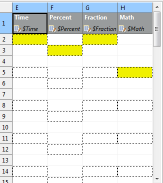 Rows per record is set to 3. Data in the first and third column will start in their first row (because of their data offsets being 1). The second and fourth columns have data offsets 2 and 4, respectively. The output will, thus, be formed by 'zig-zagged' cells (the dashed ones – follow them to make sure you understand this concept clearly).